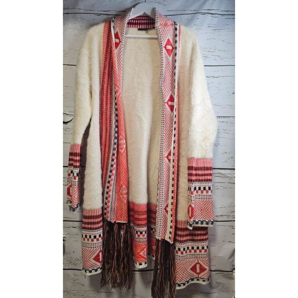 Maxsport XL Southwestern Fuzzy Duster Cardigan Fringe Boho Aztec Ivory Red